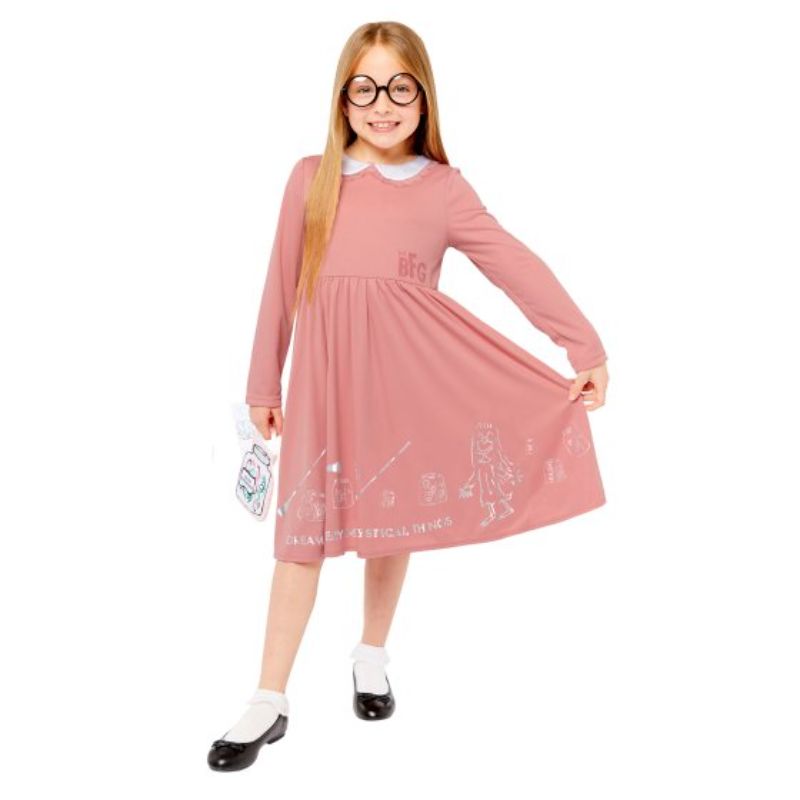 Costume of Sophie from The BFG for girls aged 3-4, featuring a detailed dress, whimsical glasses, and a stylish bag.