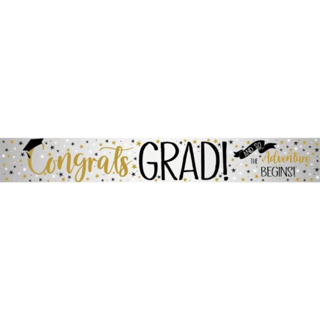 Vibrant 2.7m Graduation Foil Banner, perfect for adding glamour to any graduation celebration indoors or outdoors.