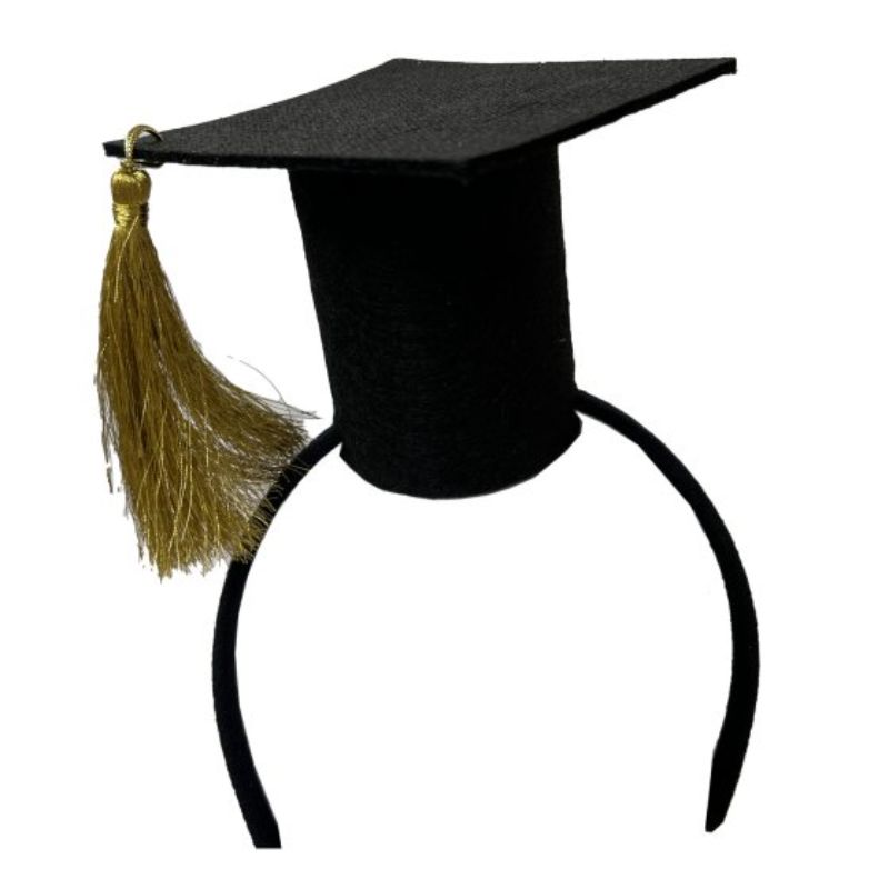 Black and gold mortarboard headband, perfect for graduation ceremonies, parties, and photo opportunities.