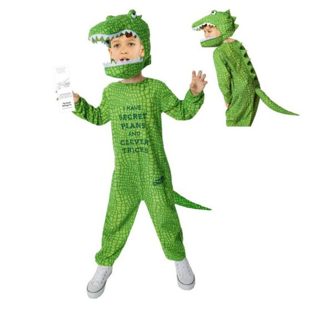 Jumpsuit costume for ages 4-6, featuring a hood, inspired by Roald Dahl's Enormous Crocodile for imaginative play.