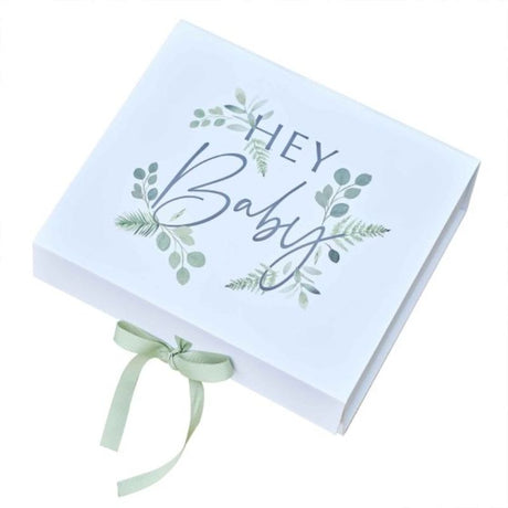 Eco-friendly Baby Gift Box adorned with sage ribbon, perfect for welcoming a new baby with style and function.