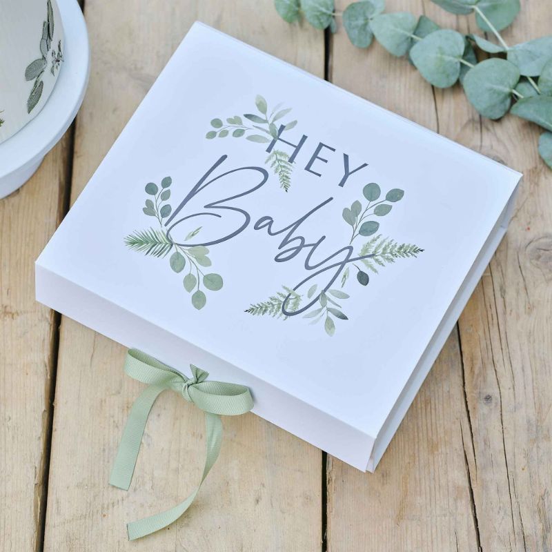 Botanical Baby Hey Baby Gift Box with sage ribbon, eco-friendly and stylish for new parents. Perfect for baby showers.