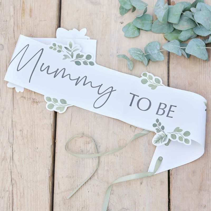 Botanical Baby Shower Sash for mums-to-be, featuring a leafy design and sage green ribbon for a perfect fit.