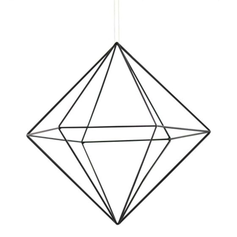 Contemporary geometric metal hanging decoration for weddings, 30cm tall with black twine, perfect for elegant decor.