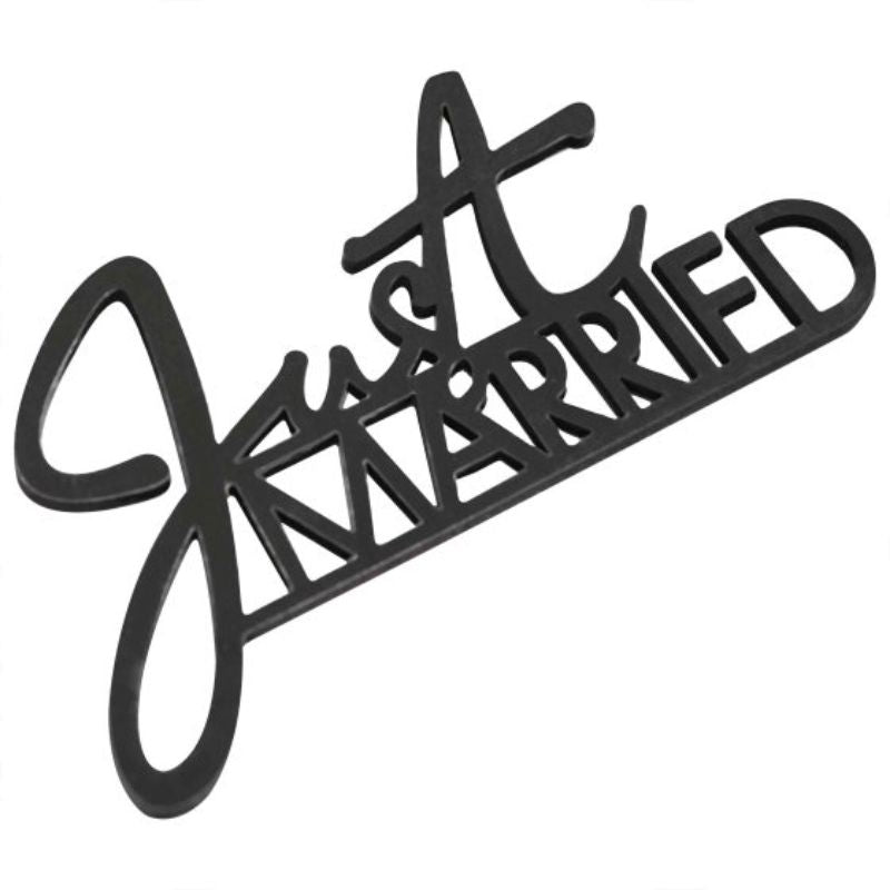 Contemporary black wooden "Just Married" table signs, pack of 6, perfect for wedding decor and seating arrangements.