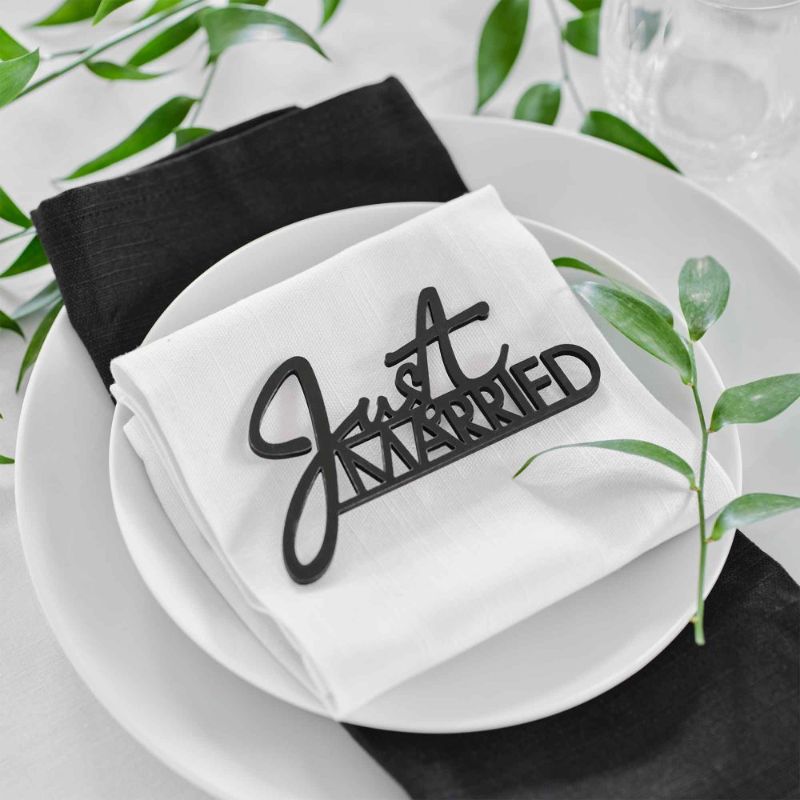 Contemporary black wooden "Just Married" table signs, pack of 6, perfect for modern wedding decor and guest seating.