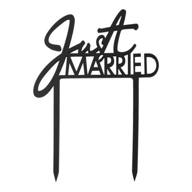 Contemporary black acrylic "Just Married" cake topper, 16.5cm tall, adding elegance to any wedding cake design.