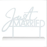 Contemporary "Just Married" table sign, 25cm x 29cm, ideal for enhancing wedding decor with elegance and style.