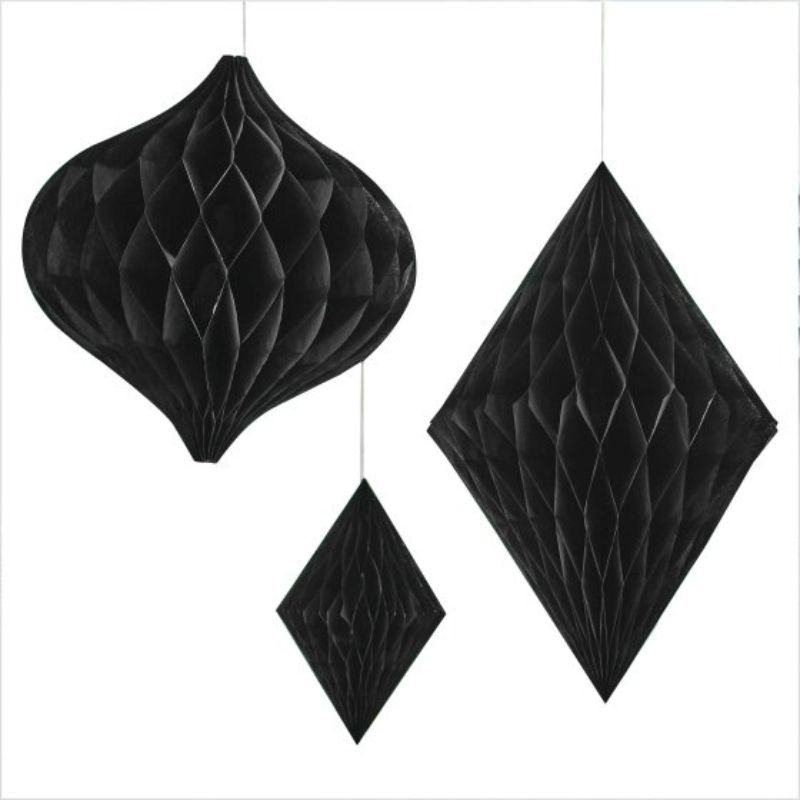 Contemporary black honeycomb paper hanging decorations in three sizes for elegant wedding decor.