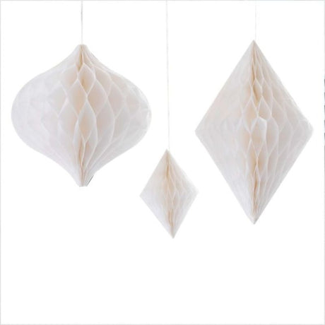 Contemporary white honeycomb paper hanging decorations in three sizes, perfect for elevating modern wedding decor.