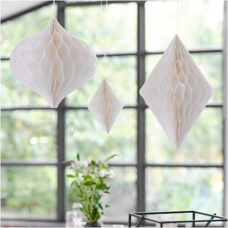 Contemporary white honeycomb paper decorations set of 3 for weddings, featuring large, medium, and small diamond shapes.