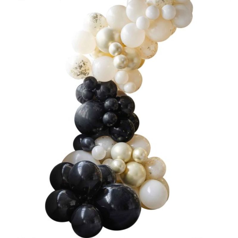 Elegant balloon arch in black, nude, and champagne gold for parties; includes 70 assorted balloons and assembly supplies.