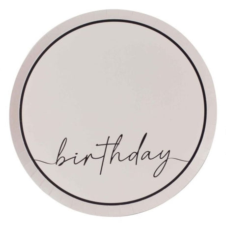 Elegant champagne noir and nude birthday paper plates, 25cm, pack of 8 for stylish celebrations and easy clean-up.