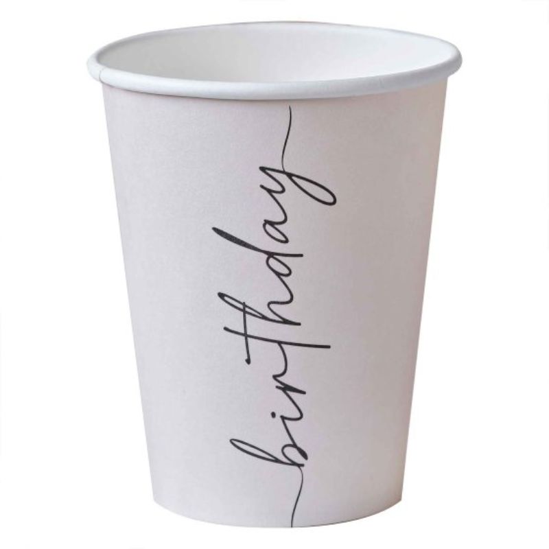 Elegant nude and black 9oz paper cups for birthday parties, perfect for serving drinks in style. Pack of 8.