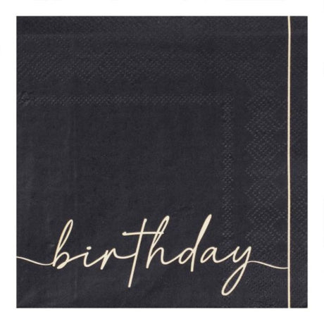 Champagne Noir nude and black birthday napkins, pack of 16, stylish and elegant for parties and celebrations.