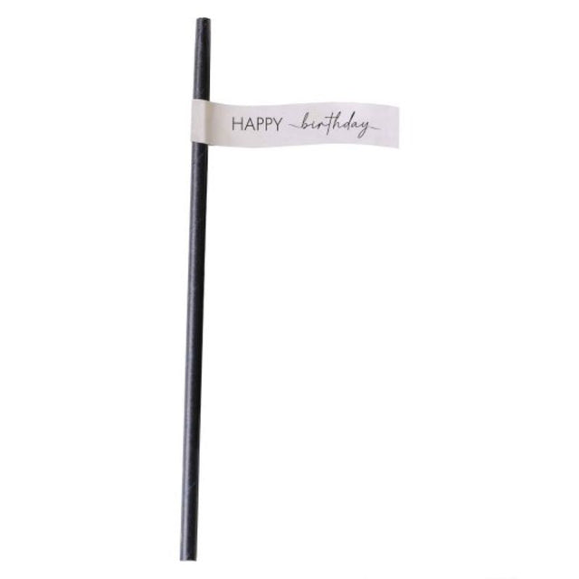 Champagne Noir Nude & Black birthday straws, pack of 16, featuring 'Happy Birthday' flags for stylish celebrations.