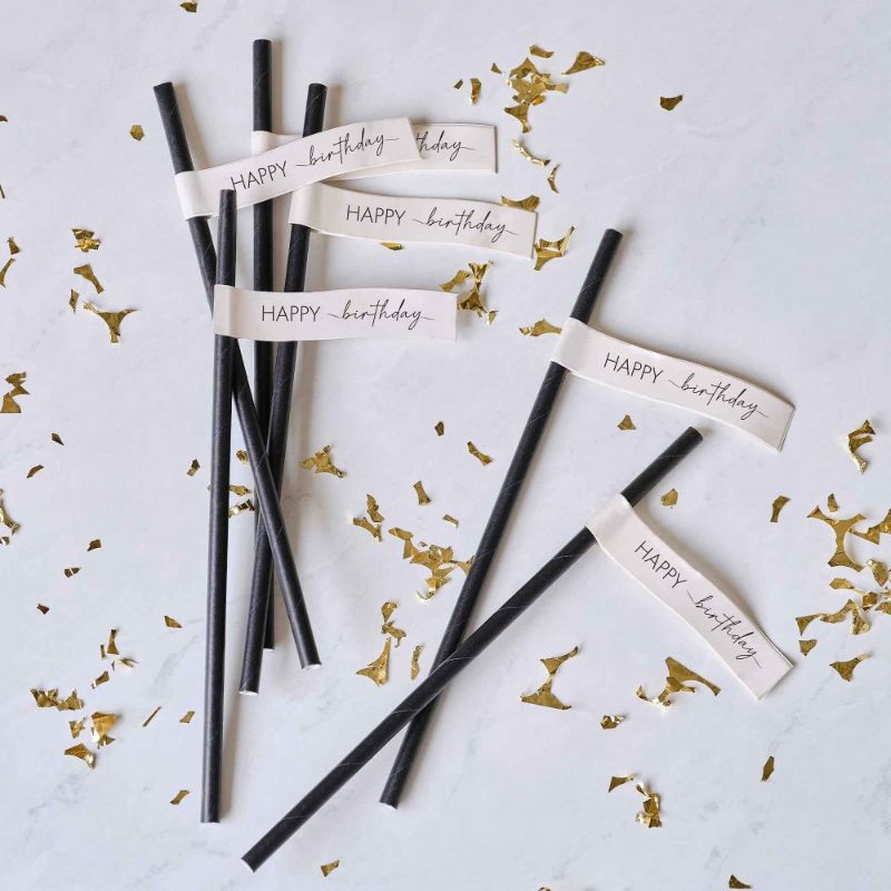 Champagne Noir Nude & Black Happy Birthday Paper Straws with flags, pack of 16, perfect for stylish celebrations.