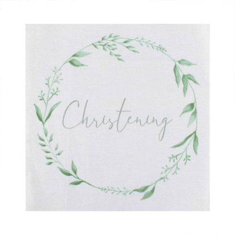 Elegant white and green paper napkins for Christening celebrations, pack of 16, each 16.5cm in diameter.