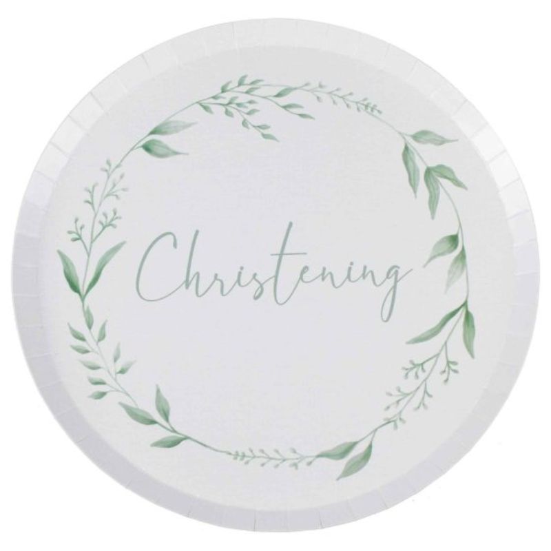 Elegant white and green paper plates, 25cm, eco-friendly, perfect for christenings and baby showers, pack of 8.