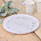 Elegant white and green paper plates, 25cm diameter, eco-friendly, perfect for christenings and celebrations, pack of 8.