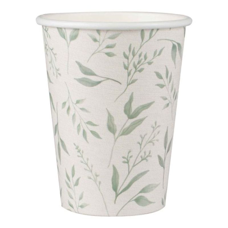 Elegant white and green disposable paper cups, perfect for Christening celebrations, pack of 8, 9oz size.