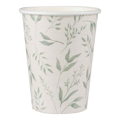 Elegant white and green disposable paper cups, perfect for Christening celebrations, pack of 8, 9oz size.