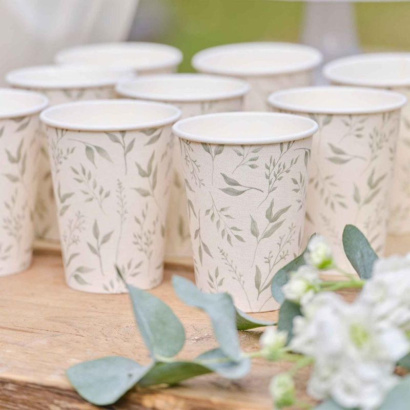 Elegant white and green Christening paper cups, 9oz, pack of 8, perfect for Baptism celebrations and easy cleanup.