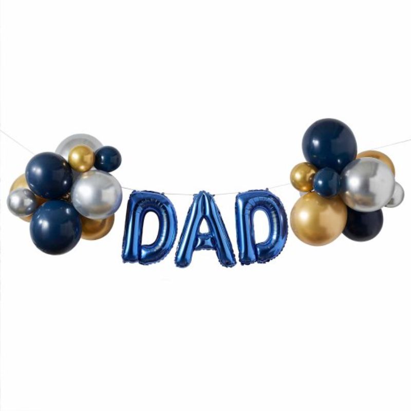 Colorful Happy Father's Day Dad Luxe Balloon Bunting Kit featuring gold, silver, and blue chrome balloons for festive celebrations.