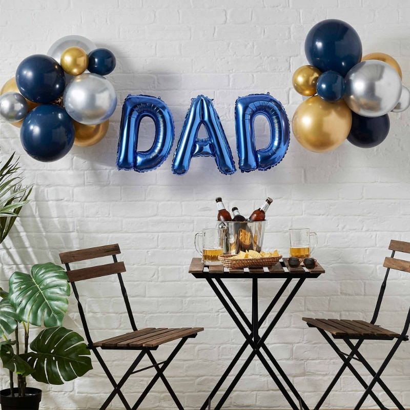 Happy Father's Day Dad balloon bunting kit with letter balloons and chrome varieties for festive celebrations and easy assembly.