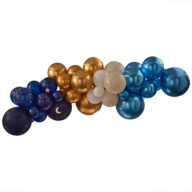 Eid Balloon Garland with navy, gold, and white balloons, featuring hanging moons and stars for festive celebrations.