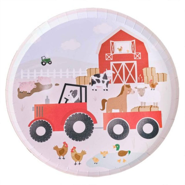 Farm Friends Paper Plates featuring cute animal designs, perfect for festive gatherings. Pack of 8, each 25cm in diameter.