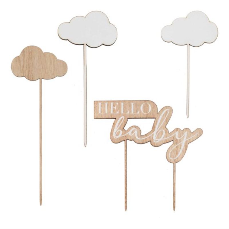 Hello Baby wooden cake topper with clouds, perfect for baby shower celebrations and dessert table decor. Pack of 4.