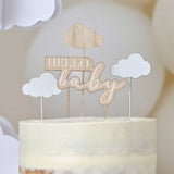 Hello Baby wooden cake topper set with clouds for baby shower, featuring 1 large and 3 small eco-friendly decorations.