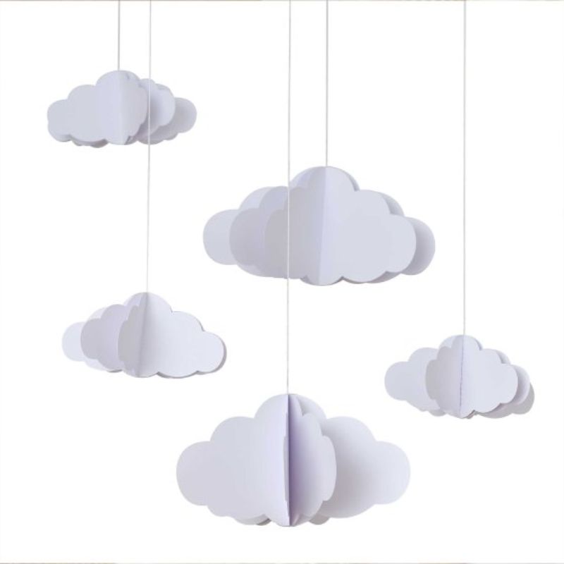 5 white 3D hanging cloud decorations in various sizes for nursery decor, adding a soft and whimsical touch.