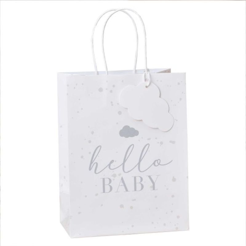 Pack of 5 eco-friendly baby shower gift bags with speckle and cloud designs, perfect for charming gift presentation.