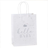 Pack of 5 eco-friendly baby shower gift bags with speckle and cloud designs, perfect for charming gift presentation.