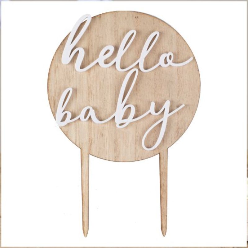 "Charming wood and acrylic Hello Baby cake topper for baby showers, measuring 18cm x 12cm, perfect for gender-neutral decor."