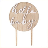 "Charming wood and acrylic Hello Baby cake topper for baby showers, measuring 18cm x 12cm, perfect for gender-neutral decor."