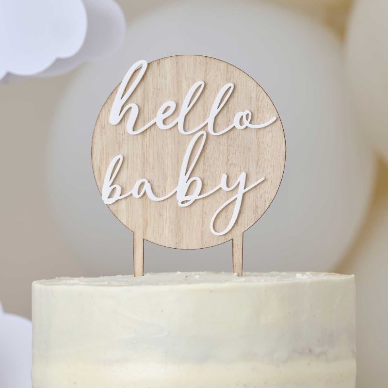 "Hello Baby wooden and acrylic cake topper, 18cm tall, perfect for gender-neutral baby shower celebrations."