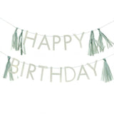 Sage green birthday bunting with tassels, perfect for adding elegance to celebrations, measuring 1.5m long.