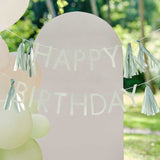 Sage green birthday bunting with tassels, perfect for enhancing party decor and creating memorable celebrations.