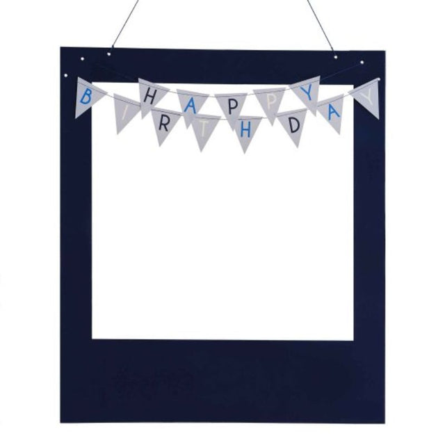 Customizable blue birthday photobooth frame with bunting, stickers, and navy thread for fun photo opportunities.