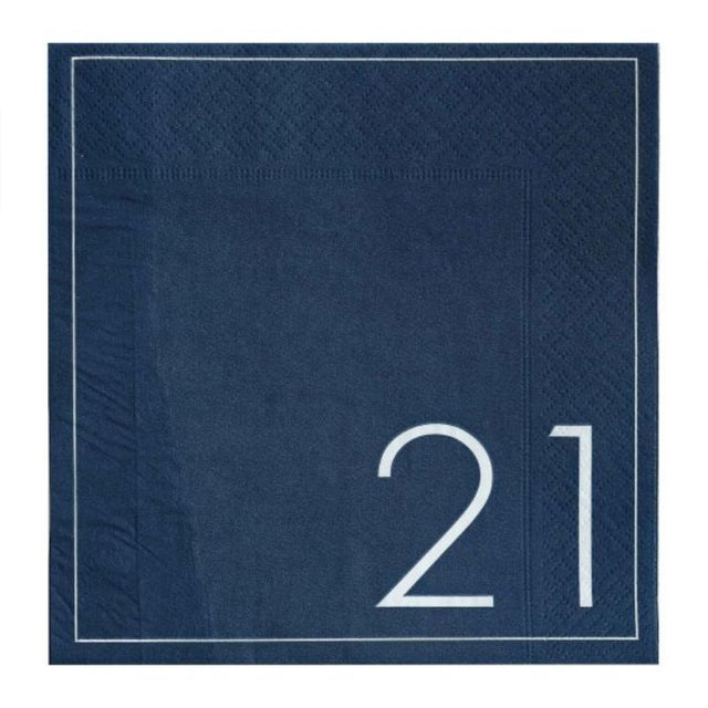 Navy paper napkins for 21st birthday celebrations, stylish and absorbent, pack of 16, 16.5cm diameter.