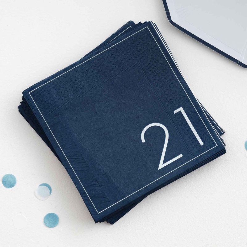 Navy paper napkins for 21st birthday celebrations, elegant design, pack of 16, 16.5cm diameter, absorbent and durable.