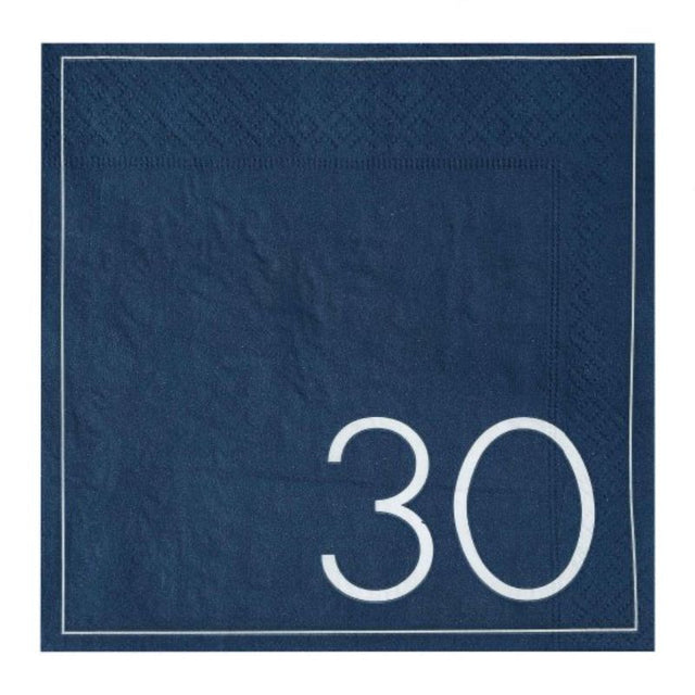 Stylish navy paper napkins for 30th birthday celebrations, pack of 16, adding elegance to any party décor.