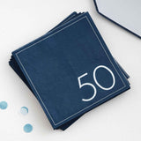 Elegant navy paper napkins with '50' for 50th birthday celebrations, pack of 16, perfect for drinks and appetizers.