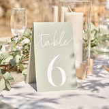 Sage green wedding table numbers 1-12, elegantly designed for seating arrangements in stylish wedding decor.