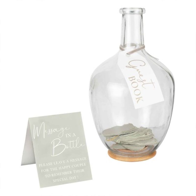 Elegant recycled glass vase for wedding guest messages, includes 60 leaves, sage ribbon, and tent card sign.