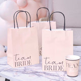 Pack of 5 stylish "Future Mrs" hen party bags, perfect for bridal celebrations and holding gifts or party favors.