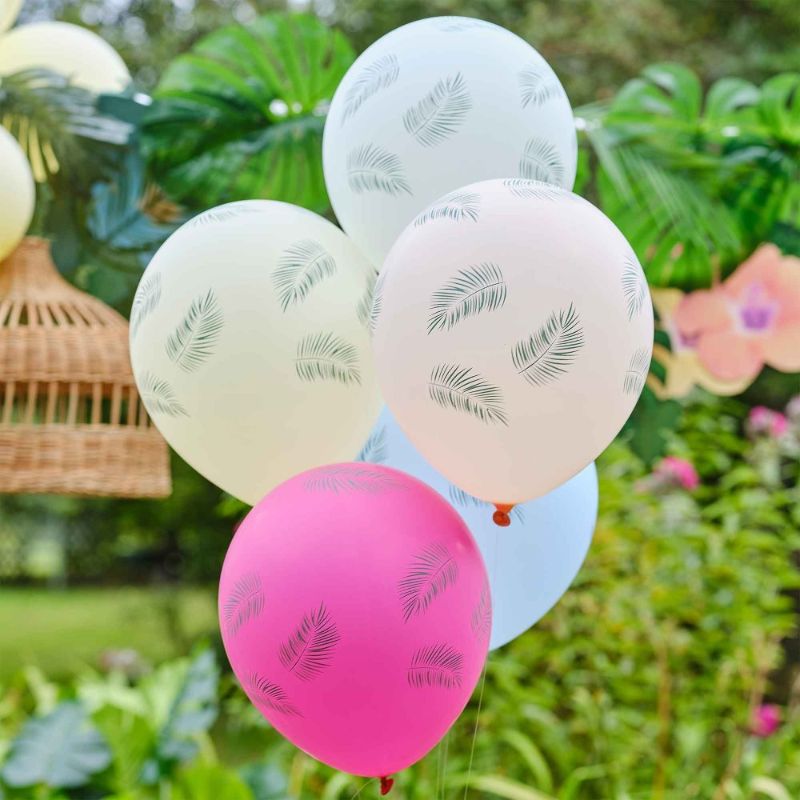 Vibrant Tiki Tropics balloon bundle featuring palm leaf designs in blue, fuchsia, light pink, light green, and yellow.